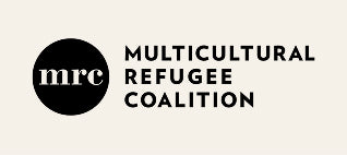 Multicultural Refugee Coalition logo with black circle emblem and sans-serif text on cream background