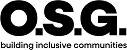Black and white O.S.G. logo with the tagline "building inclusive communities" in bold sans-serif text.